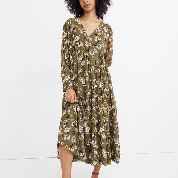 Madewell Dresses & Skirts - MADEWELL Cinch-Waist Tiered Midi Dress in Wildblooms Olive Green {3A34}